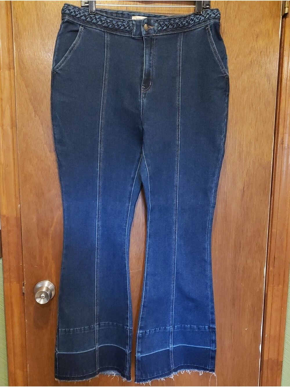 New Womens Dark Blue High-Rise Flare Jeans with Braided Waist